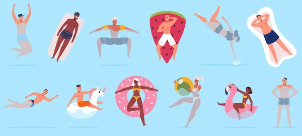 Personajes de la piscina, gente flotando en el mar con juguetes de natación de goma. Relajante vacaciones de verano playa, piscina actividades vector conjunto de ilustración. Personajes natación — Vector de stock