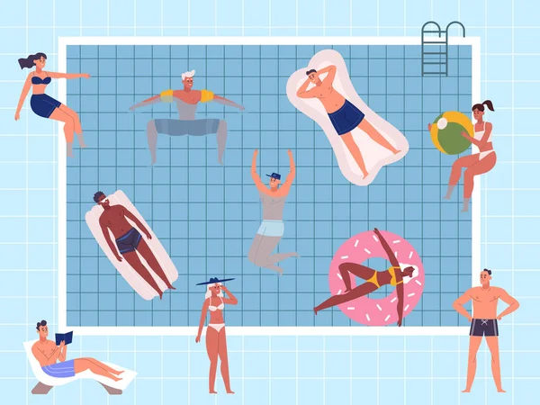 Personajes de fiesta en la piscina de verano, natación y gente relajante. Actividades en la piscina, personas flotando en colchones de goma o bañarse en ilustración de vectores de agua. Actividad de verano — Vector de stock