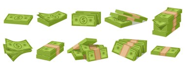 Çizgi film çetesi, para tomarı. Yeşil kağıt faturalar ve banknotlar vektör illüstrasyon seti. Bir tomar para.