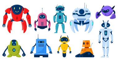 Çizgi film robot karakterleri, teknoloji cyborg maskotları veya mekanik oyuncaklar. Yapay zeka, bilimsel teknoloji makineleri vektör illüstrasyon seti. Dijital cyborglar