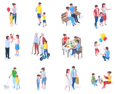 Isometric ailesi, ebeveynler çocuklarla oynar ve yürür. Aileler parkta yürürler, kitap okurlar ya da yemek vektörü çizimleri yaparlar. Ebeveynler çocuklarla vakit geçiriyor.