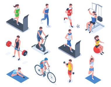 Isome sporcuları, fitness, jimnastik ve yoga. Egzersiz bisikleti ve koşu bandı vektör çizimi üzerinde çalışan insanlar. Halter kaldırma ve futbol karakterleri