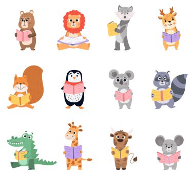 Hayvan karakterleri, ayı, aslan ve kurt okumak kitap okumak. Hayvan çocuklar kitap vektör illüstrasyon setini okumayı öğreniyorlar. Akıllı hayvanlar birlikte okuyorlar.