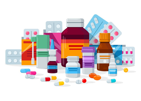 Cartoon medications, pill, drug and throat spray. Medicine bottles, capsules and pill blisters vector background illustration. Medicines supplements concept