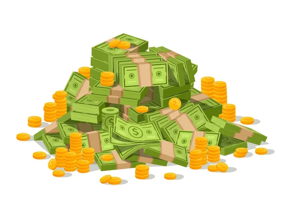 漫画のお金の現金の山、ドル札の山。緑の請求書の山、銀行券のベクトル図のスタック。金貨と現金の巨大な山 — ストックベクタ