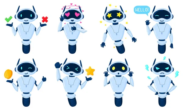 Cartoon chat bot personaggi, online virtuale assistente mascotte. Macchina di servizio di intelligenza artificiale, amichevole assistente personale set illustrazione vettoriale. Caratteri bot chat — Vettoriale Stock