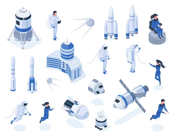 Corpi spaziali isometrici, astronauti, satelliti e veicoli spaziali. Esplorazione spaziale esterna, rover lunare e razzi set di illustrazione vettoriale. Tecnologia spaziale e astronautica — Vettoriale Stock