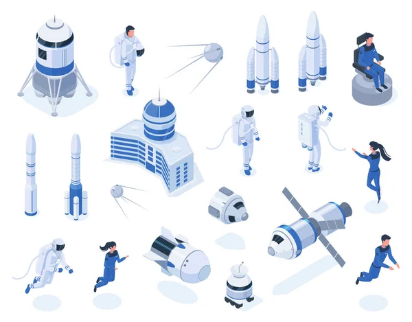 Cuerpos espaciales isométricos, astronautas, satélites y naves espaciales. Exploración del espacio exterior, rover lunar e ilustración vectorial de cohetes. Tecnología espacial y astronáutica — Archivo Imágenes Vectoriales