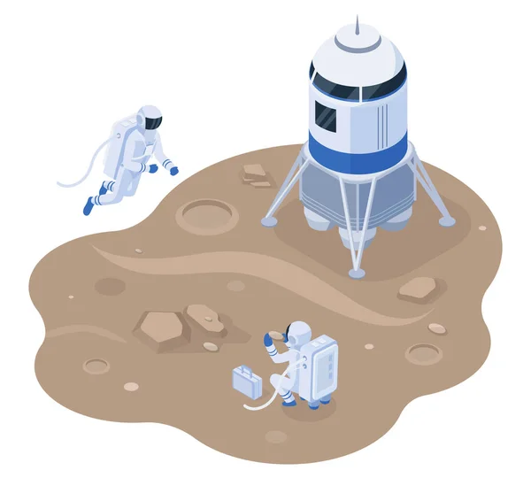 Isometric uzay istasyonu, uzay keşfi ve kolonizasyon. Mars veya Ay 'daki uzay kaşifleri, gezegen vektör çizimleri. Gezegen atmosferi veya toprak çalışması — Stok Vektör