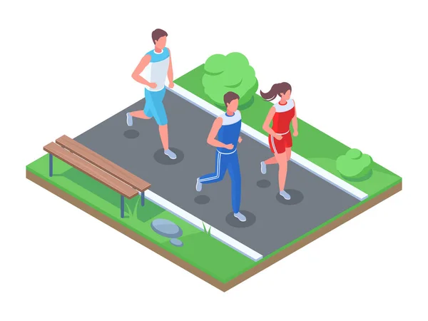 Isometrische marathon race, mensen joggen, rennen in het park. Vrouwelijke en mannelijke running karakters vector illustratie set. Volwassen mensen sprinten rond het stadspark — Stockvector