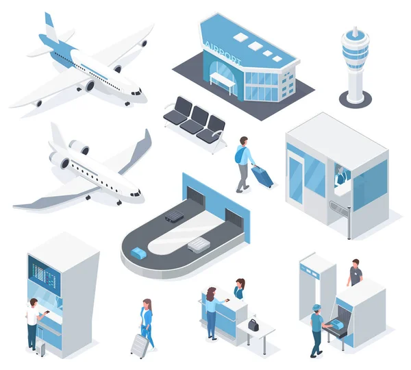 Elementos isométricos del aeropuerto, avión, pasajeros, control de pasaportes y terminal. Conjunto de ilustración vectorial de reclamo de equipaje y construcción de aeropuerto. Equipamiento aeropuerto — Vector de stock