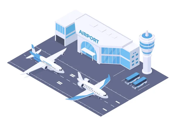 Isometrisk flygplatsbyggnad och landningsbana, planet lyfter. Internationell flygplats terminal isolerad vektor illustration. Stad flygplats landningsbana remsa — Stock vektor