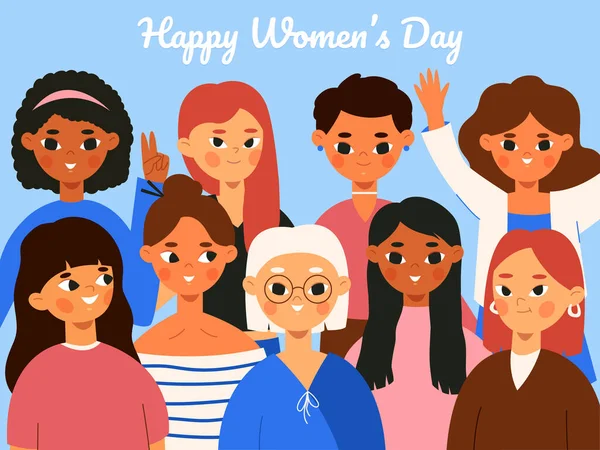 Dia Internacional da Mulher, conceito de grupo feminino diversificado. Meninas bonitos multidão vetor fundo ilustração. Feliz cartão de dia internacional das mulheres — Vetor de Stock
