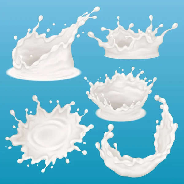 Realistische melkplons, vloeibare melkspetters. Zuivel natuurlijke producten spatten vector illustratie set. Schaal yoghurt, melk of room — Stockvector