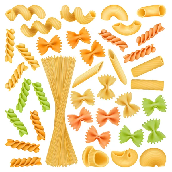 Pasta realistica, spaghetti italiani, conchiglie, farfalle e cavatappi. Piatto di cucina italiana, tipi di pasta gemelli e penne vector illustration set. tipi di maccheroni — Vettoriale Stock