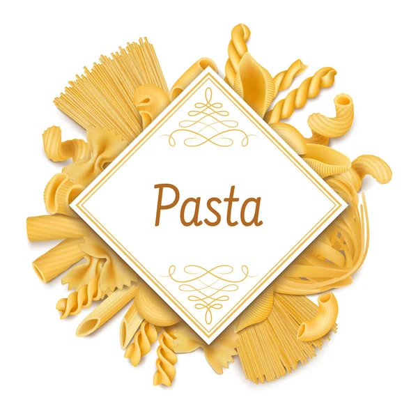 Pasta poster, italian cuisine dry macaroni background. Raw wheat food, italian cuisine dish ingredients vector illustration. Organic pasta poster — Stock Vector