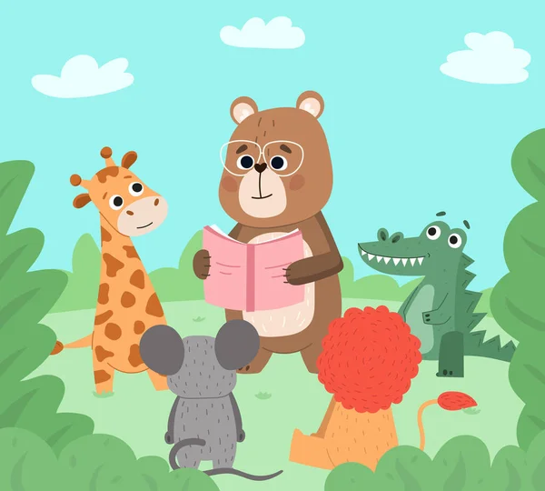 Animais lendo livro, amantes de livros de vida selvagem bonitos. Urso bonito lê a ilustração de fundo do vetor de animais bebê. Desenhos animados animais bonitos leitura — Vetor de Stock