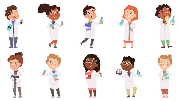 Niños científicos, niños y niñas experimentan en el laboratorio de química. Multiraciales niños científicos haciendo experimento científico conjunto de ilustración vectorial. Personajes científicos bebé — Vector de stock