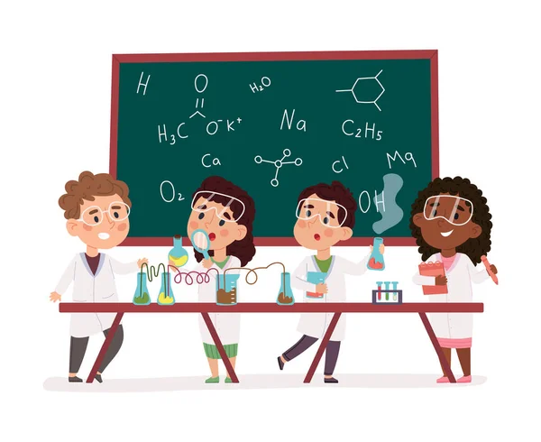 Barn vetenskap experiment i kemi labb, barn vetenskaplig forskning. Pedagogisk vetenskaplig aktivitet för barn vektor illustration. Barn utför experiment i labb — Stock vektor