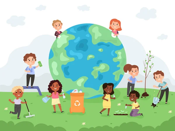 Дети заботятся о земле, день, охрана окружающей среды детского сада деятельности. Дети помогают защитить набор векторных иллюстраций мира. Дети спасают землю от отходов — стоковый вектор