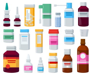 Karikatür ilaçları, hap kutuları ya da vitamin plastik şişeleri. Kapsüllü ilaç kutuları, ağrı kesiciler, vitamin vektör çizimleri. İlaç şişeleri.