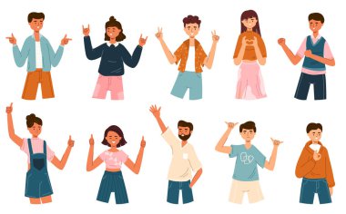Olumlu duygusal jestler yapan heyecanlı gençler. Tamam, barış, zafer parmakları ve el kalbi vektör illüstrasyon seti. Hareketli mutlu insanlar.