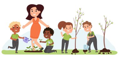 Çocuklar ve öğretmenler bahçıvanlık, sebze ekme ve ağaç dikme. Çocuklar doğa vektör illüstrasyonunu sevmeyi ve önemsemeyi öğrenirler. Çocuklar ağaç dikiyor.