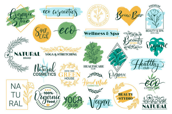 Healthy, beauty, spa and yoga lettering quotes. Hand drawn logos for organic cosmetics products vector illustration set. Spa and wellness lettering elements