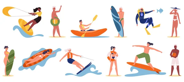 Actividades de playa y acuáticas personas, surf, buceo y piragüismo. Personajes de dibujos animados haciendo deportes acuáticos extremos o playa conjunto de ilustración vectorial. Actividad de verano — Vector de stock