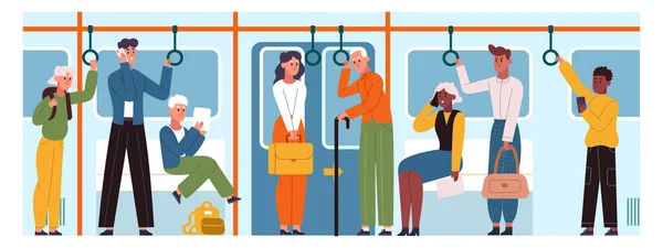Openbaar vervoer, metro passagiers in ondergrondse metro trein. Stadsvervoer passagiers in metro trein vector illustratie set. Openbaar stadsvervoer — Stockvector