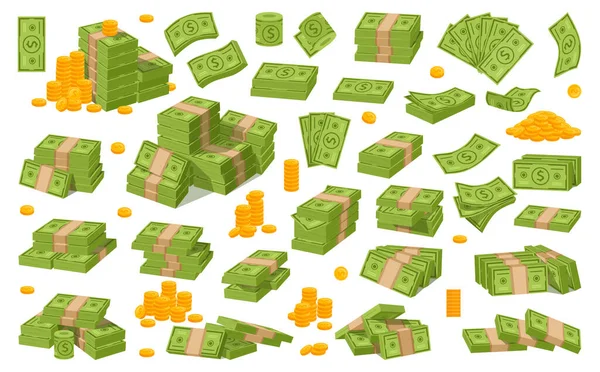 Çizgi film paraları, para yığınları ve banknotlar. Yeşil dolar destesi, para yığını ve altın sikkeler vektör illüstrasyon seti. Altın paralar ve banknotlar simgesi