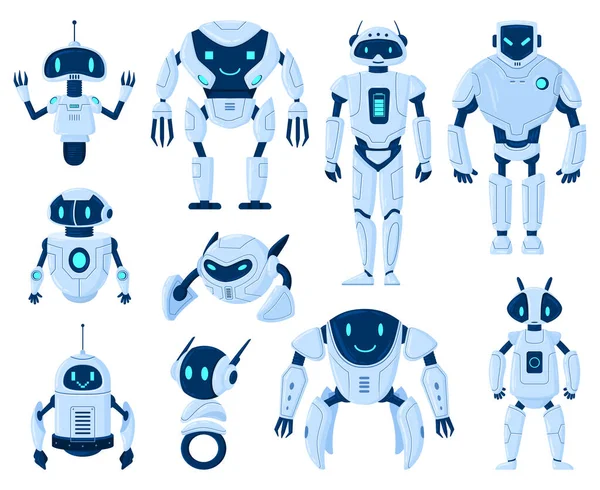 Tecknad robotar, cyborg maskin artificiell intelligens tecken. Digital cyborgs och modern teknik maskiner vektor illustration set. Robot seriefigurer — Stock vektor