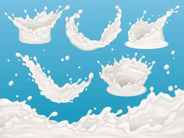 Salpicaduras de leche realistas, yogur o elementos salpicadores de crema. Salpicaduras de productos lácteos conjunto de ilustración de vectores. Salpicaduras de leche en varias formas — Vector de stock