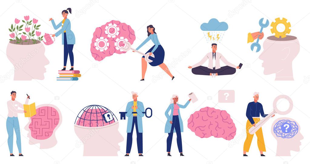 Mental health, cognitive brain support, stress therapy. Emotional disorder and medical therapy vector illustration set. Doctor help with anxiety issues