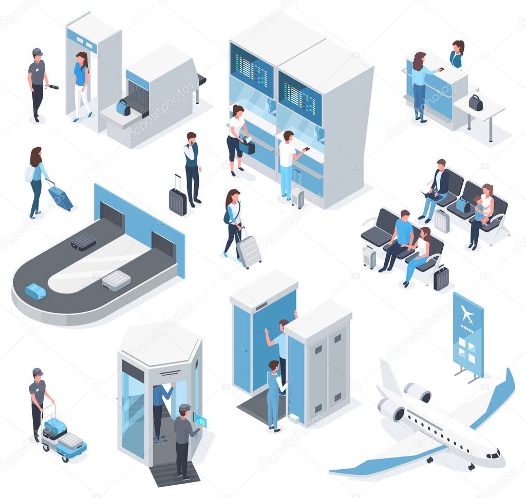 Isometric 3d airport passengers, passport check and boarding gate. Airport lounge, passport check desk and waiting room vector illustration set. People in airport