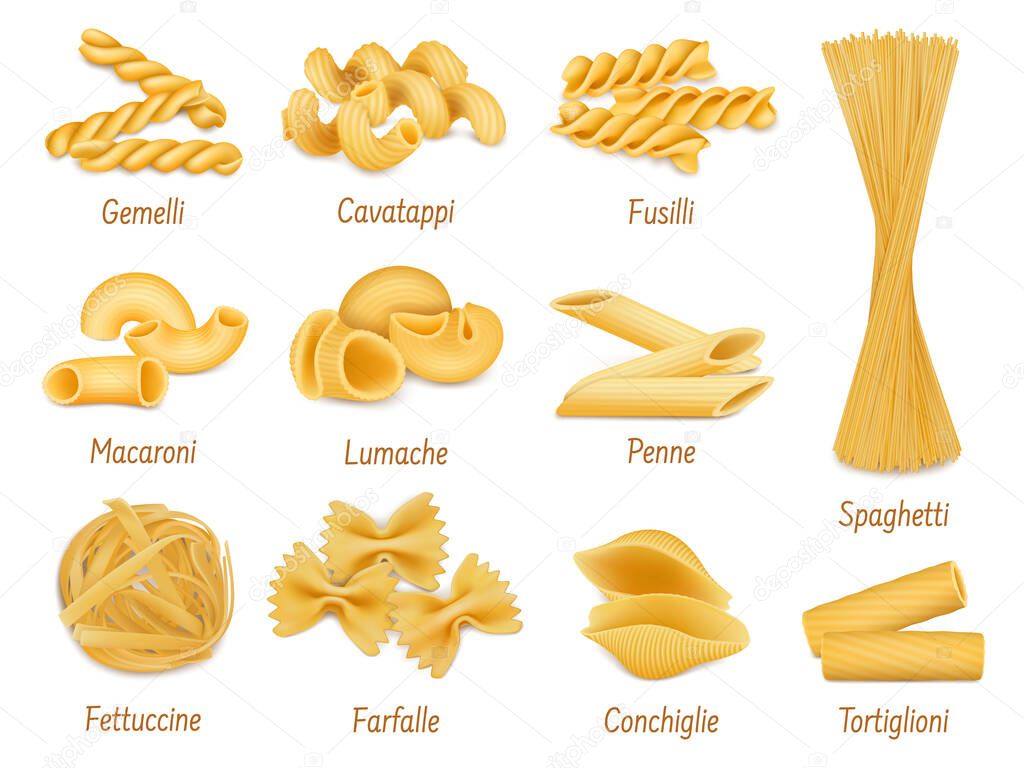 Realistic pasta types, farfalle, spaghetti and penne macaroni. Italian cuisine dish, dry organic pasta vector illustration set. Pasta types