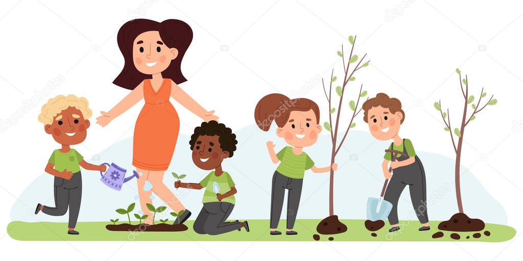 Children and teacher gardening, planting vegetables and trees. Kids learn to love and take care of nature vector illustration. Children planting trees