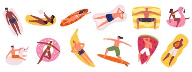 Plastik dairelerle havuzda yüzen insanlar, yaz su aktiviteleri. Şişme yataklarda yüzen çizgi film karakterleri veya plastik havuz oyuncakları vektör çizimleri