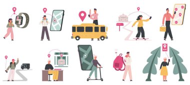 Çocuk güvenlik teknolojileri, akıllı seğirme, yer belirleme uygulaması. Çocuk güvenliği teknolojisi, coğrafi konumlandırma vektör çizimi seti. Çocuk izleme sistemi