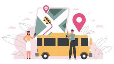 Okul otobüsü izleme yazılımı, çocukların güvenlik teknolojisi sistemi. Çocukların GPS takip cihazı, mobil otobüs navigasyon uygulaması vektör illüstrasyonları. Çocuk güvenliği teknolojisi