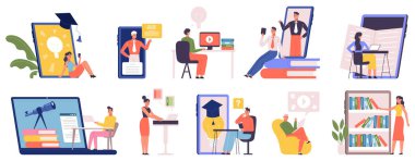 Çevrimiçi eğitim, video dili eğitimi, dijital atölye, e-öğrenme konsepti. Evde vektör illüstrasyon setiyle çevrimiçi öğreniliyor. E-öğrenme, online eğitim