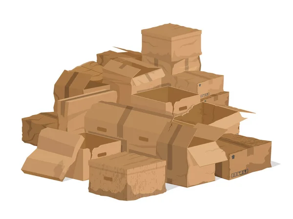 Cajas de cartón dañadas rotas, envases de cartón rotos. Paquetes de cartón de entrega rota o paquetes de correo conjunto de ilustración vectorial. Cajas de cajas dañadas — Archivo Imágenes Vectoriales