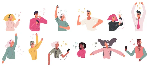 Folk lyssnar på musik i hörlurar och hörlurar. Glad människa karaktär njuter av ljud vektor illustration set. Vuxna som dansar i hörlurar — Stock vektor