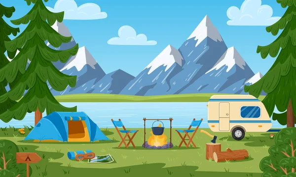 Cartoon acampamento turístico floresta de verão e paisagem de montanha. Fogueira e barraca, ilustração vetorial de piquenique natural. Bela vista de primavera no lago — Vetor de Stock