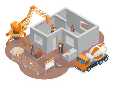 Isometric inşaat, inşaat alanı, işçiler ve vinç kamyonları. İnşaat malzemeleri ve vinç çizimi. İnşaat mimari unsurları