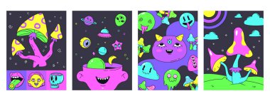 Psikedelik neon hippi retro çıkartması posterleri. Çılgın sürreal semboller vektör illüstrasyon setini kapsıyor. Tuhaf gözler, mantarlar ve yüzen elementler.