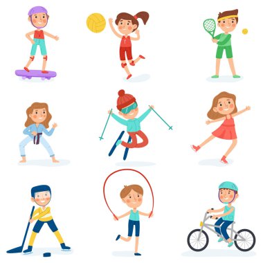Spor çocukları, çizgi film bebek sporcuları, anaokulu spor aktiviteleri. Çocuk basketbolu, futbol ve jimnastik, vektör illüstrasyon seti. Sportif ve sağlıklı bir çocukluk