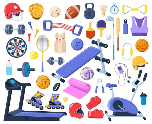 Cartoon equipamentos de fitness esporte, ferramentas de desporto ginásio. Ginásio elementos esportivos, conjunto de símbolos vetoriais de atividade indoor. Acessórios desportivos — Vetor de Stock