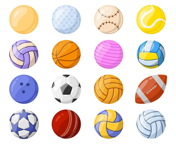 Cartoon bola esporte, futebol, basquete e equipamentos de jogo de vôlei. Rugby, hóquei, tênis esporte bola equipamento conjunto de ilustração vetorial. Jogos de desporto acessórios — Vetor de Stock