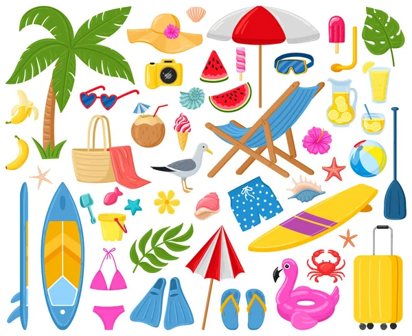 Elementos de verão dos desenhos animados, viagens, praia, acessório de verão. Cocktails, sorvete e frutas exóticas conjunto de ilustração vetorial. Palma e tábua de serfing —  Vetores de Stock